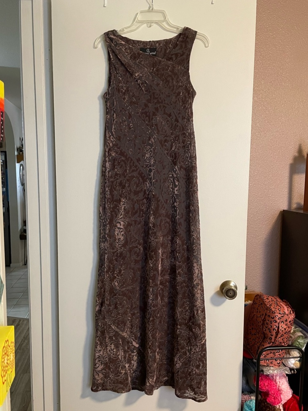 Carole Little Brown Maxi Dress with Subtle Brocade